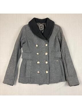 OBEY Womens Double Breasted Peacoat Wool Blend Size Small Grey Black